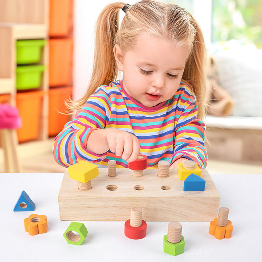 Children's screw tightening tool table, baby combination disassembly nut, building block shape, color matching puzzle wooden toy